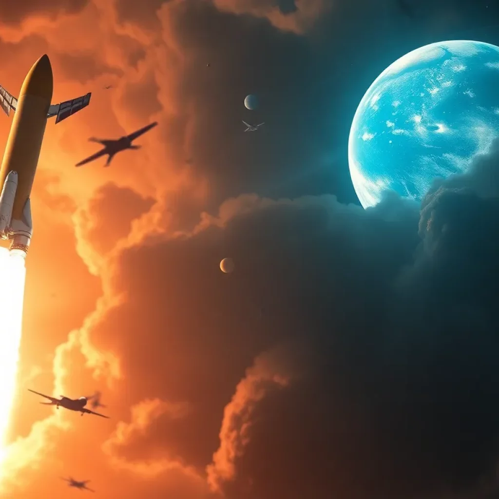 Illustration depicting the tension between government authority and private industry in the space sector.