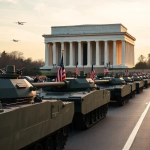 Grand military parade with soldiers and tanks in Washington D.C.