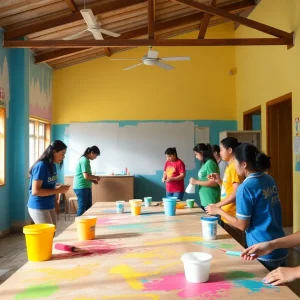 Volunteers painting the school building during United Way Week of Caring
