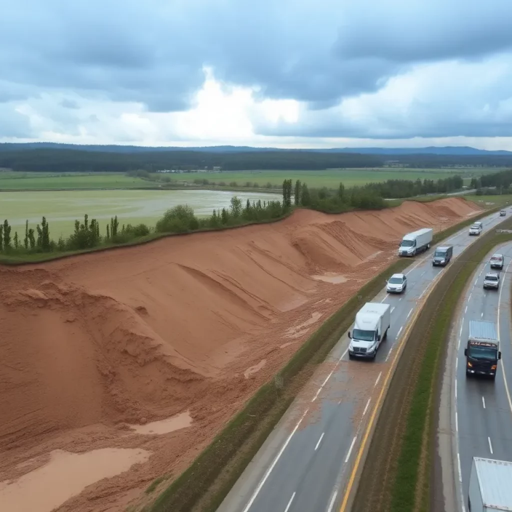 Mudslide blocking lanes on West Virginia Turnpike with stranded vehicles