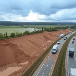 Mudslide blocking lanes on West Virginia Turnpike with stranded vehicles