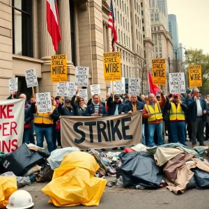 Union workers on strike in Philadelphia, holding signs with a backdrop of trash.