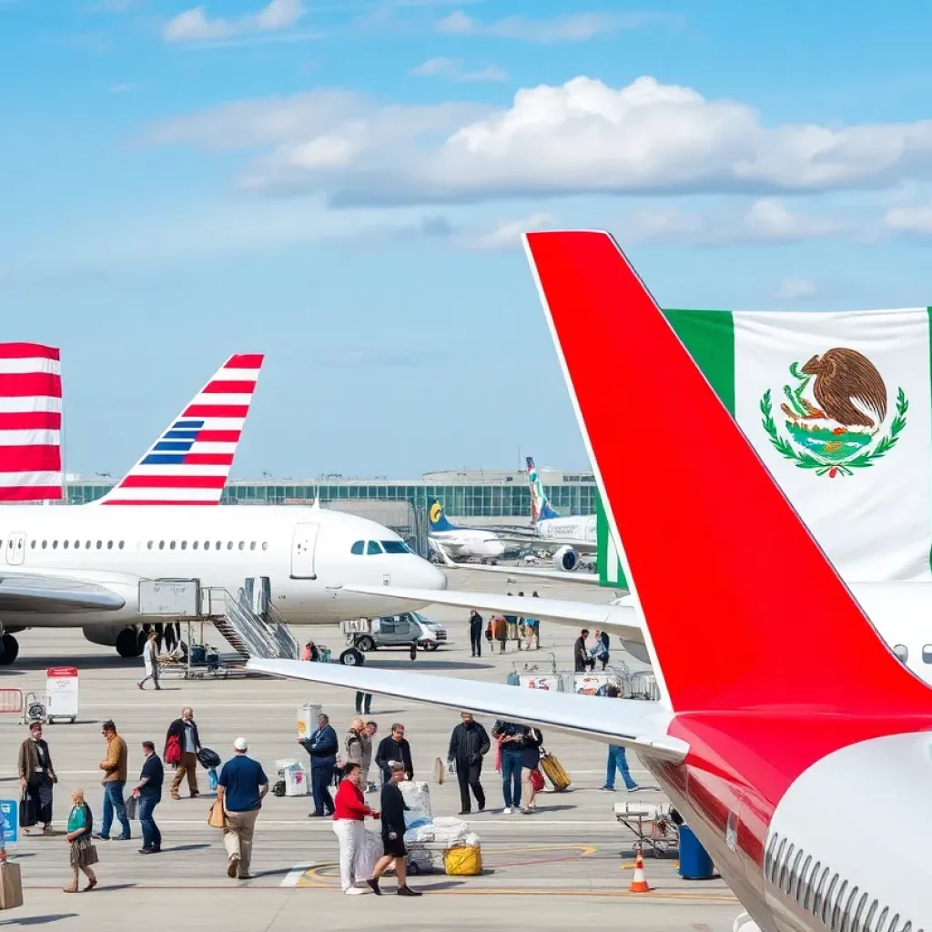 Airport with airplanes and U.S. Mexico flags