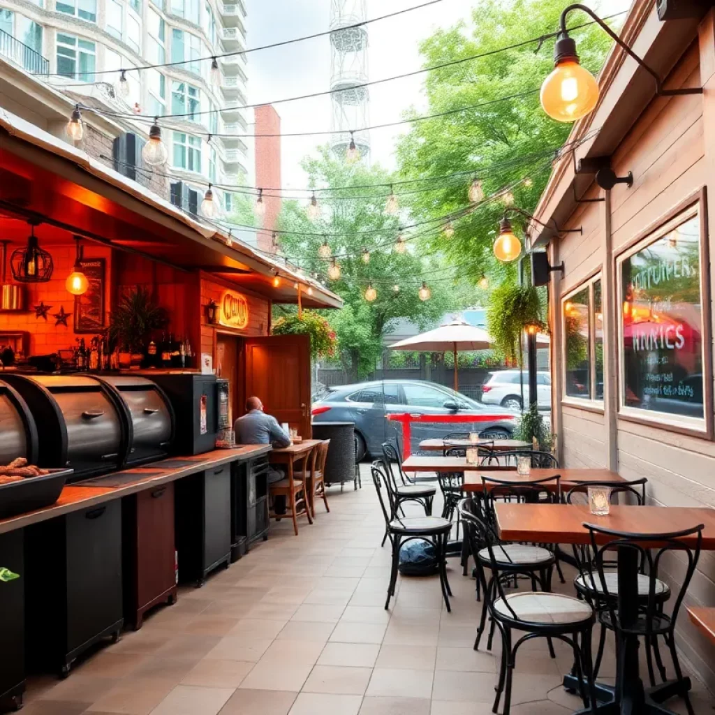 Outdoor seating at Bristol Gardens and Grill with smoked barbecue dishes