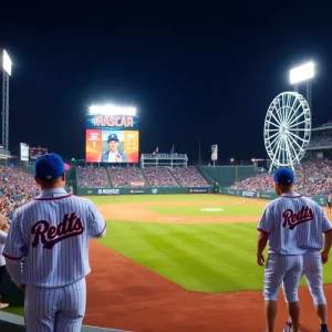 Players in racing-themed jerseys at Bristol Motor Speedway during the historic MLB game.