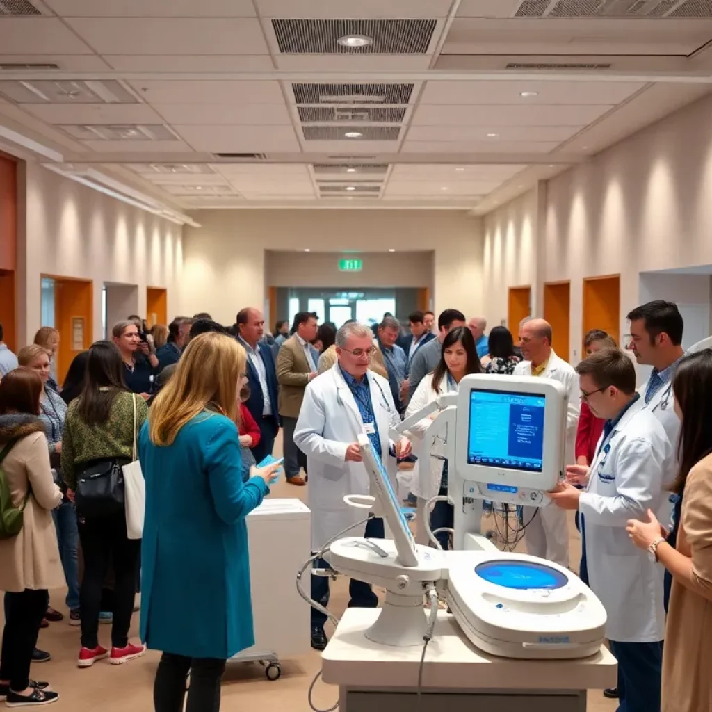 Image of a friendly hospital open house event with healthcare professionals and community members interacting