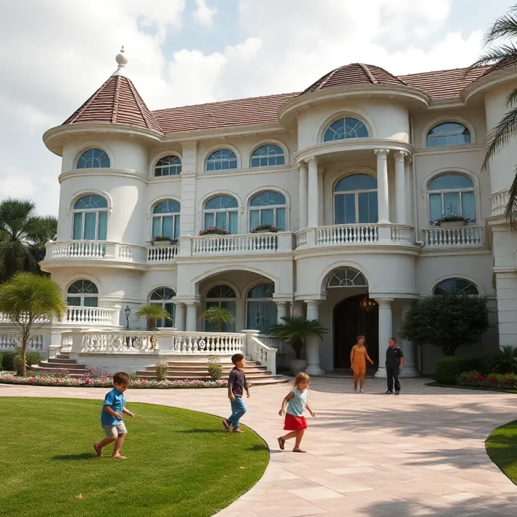 Luxurious residence with children playing and concerned adults in the vicinity.