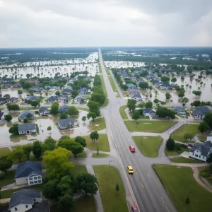 Aerial view of flood-damaged areas in Central Texas