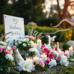 A serene garden memorial tribute with flowers and candles