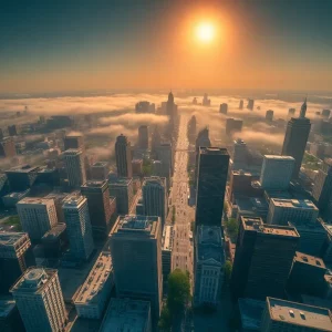 Aerial view of a city experiencing an extreme heatwave.