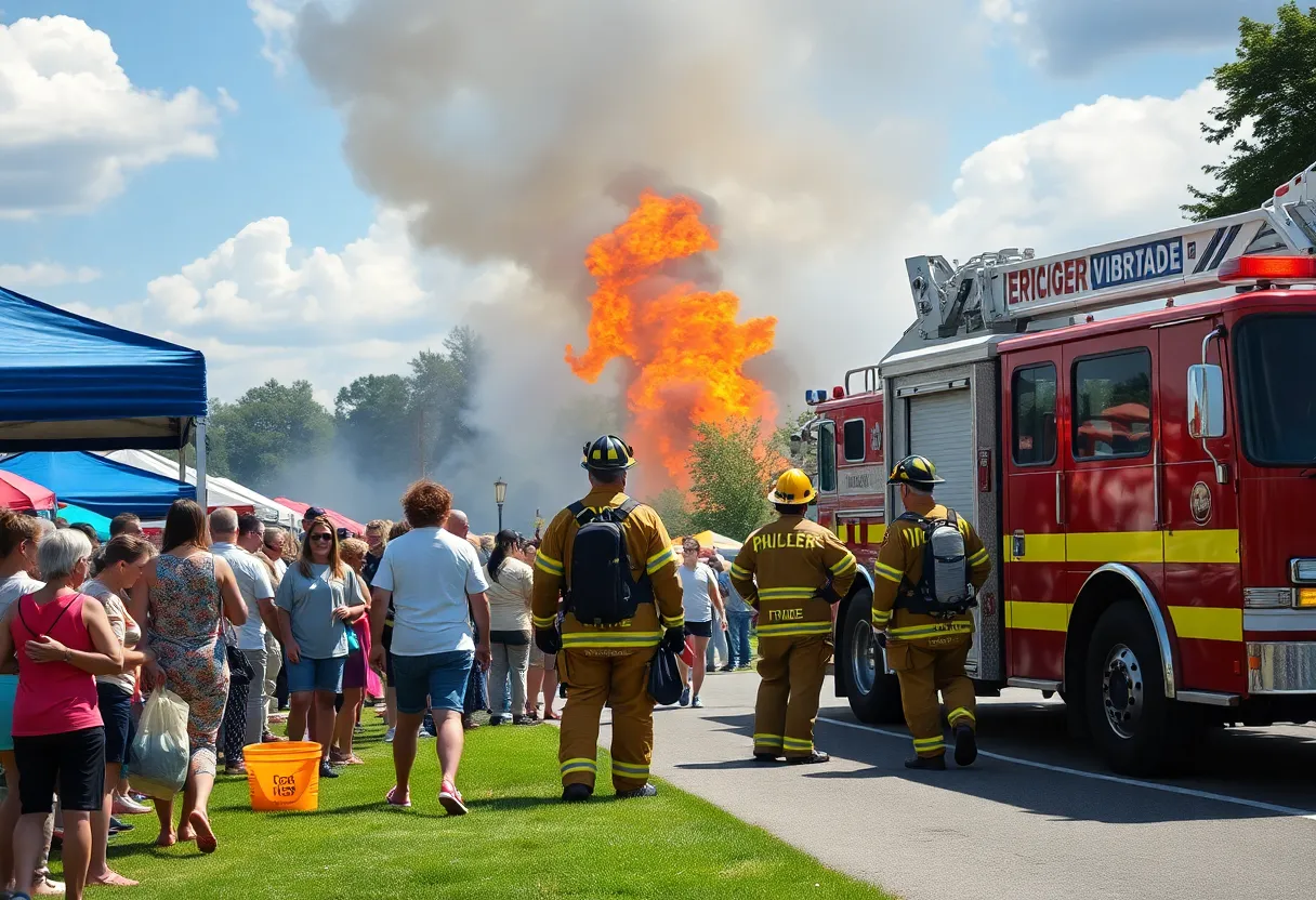 Community members engaging in outdoor activities and responders at a fire incident in Fayetteville
