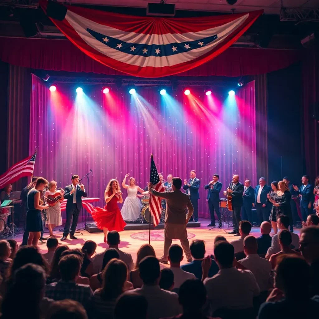 A segment of the For Freedom performance showcasing dancers and musicians in a patriotic themed show.