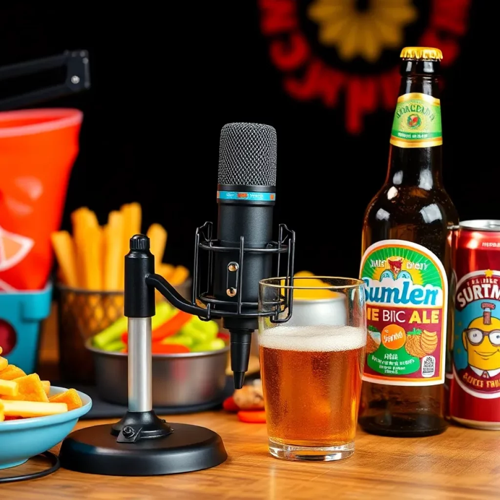 Podcast set with a microphone and snacks