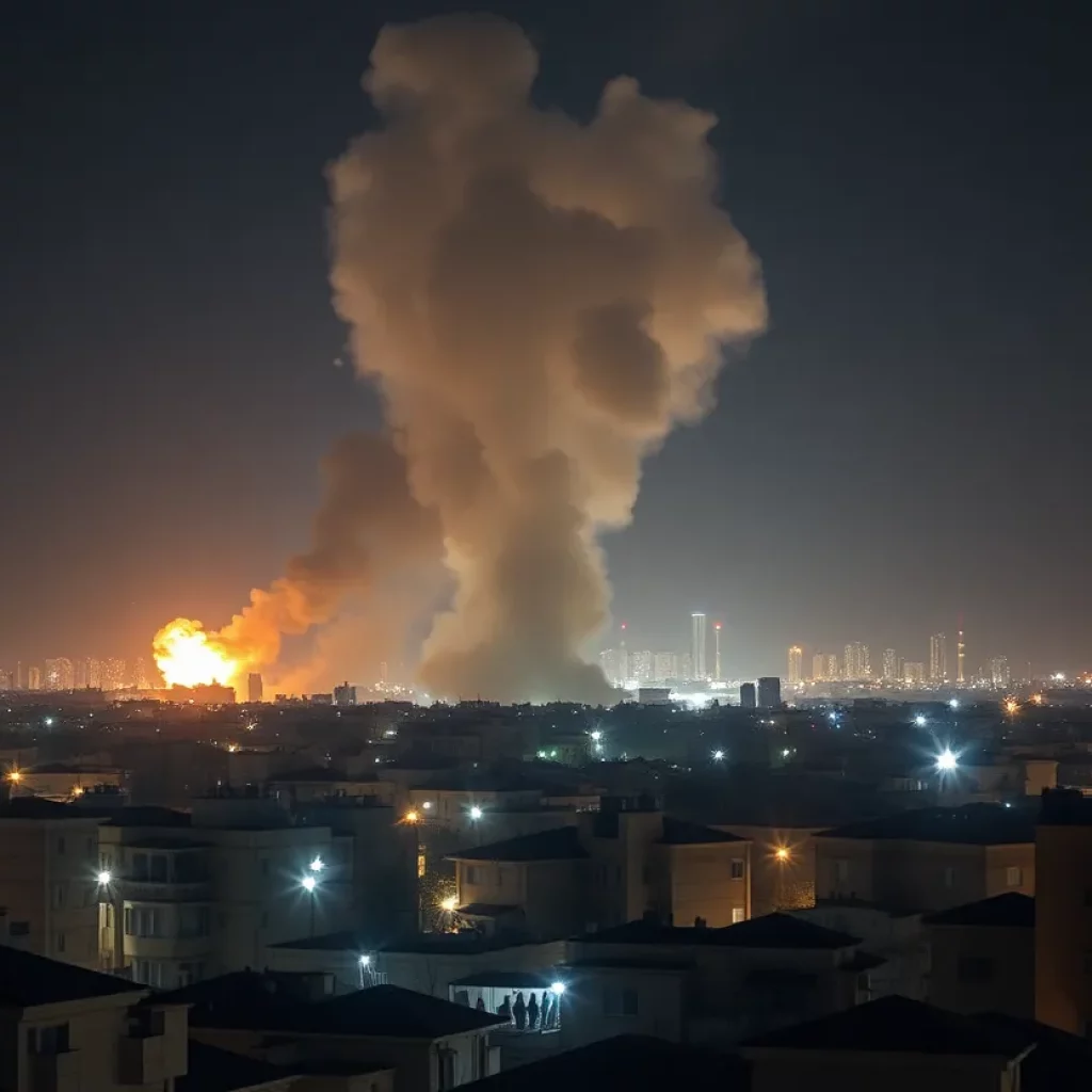 Nighttime view of Kyiv skyline under drone attack with explosions.