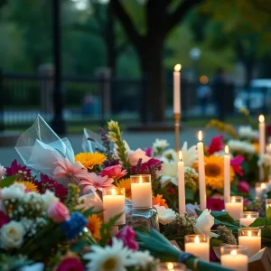 A tranquil memorial setup with flowers and candles for Benjamin Nobles.