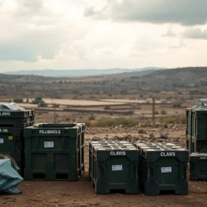 Military supplies crates in a war zone