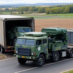 Military vehicles and equipment being loaded for shipment to Ukraine.