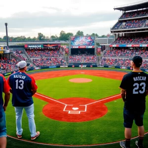 Fans at the MLB Speedway Classic with NASCAR-themed jerseys.