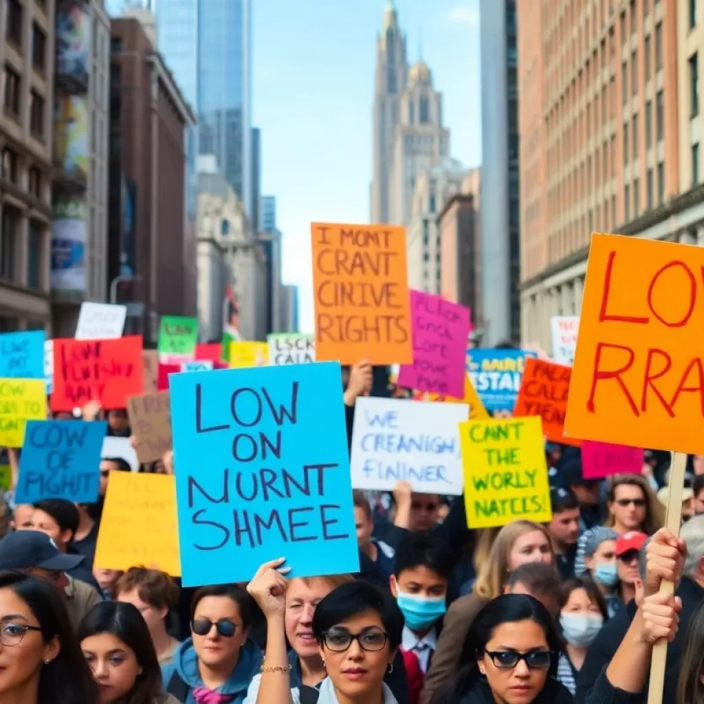 Crowd of protesters advocating for civil rights with signs