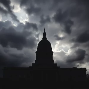 Silhouette of Minnesota Capitol with dark clouds symbolizing unrest