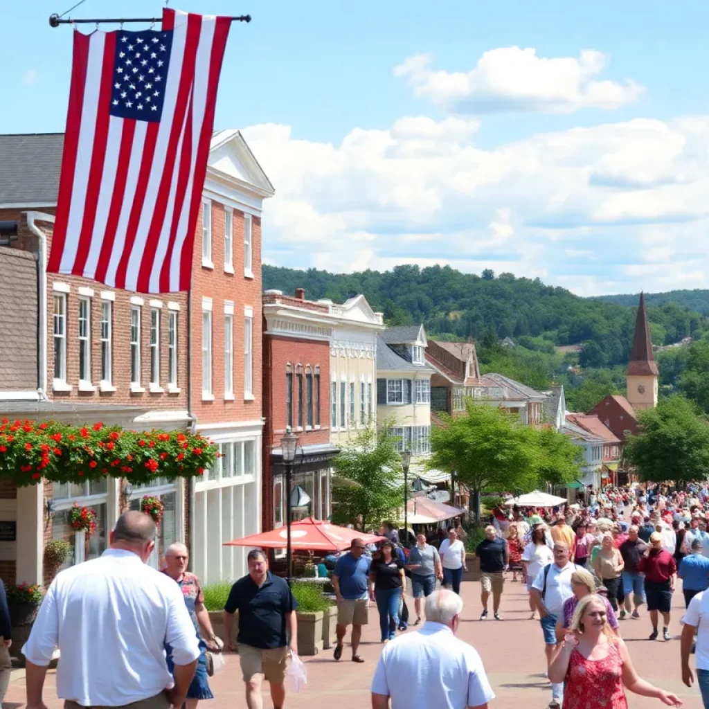 Vibrant Virginia town with historical buildings and people enjoying local events.