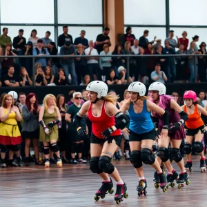 Skaters competing in a roller derby match with audience cheering in the background.
