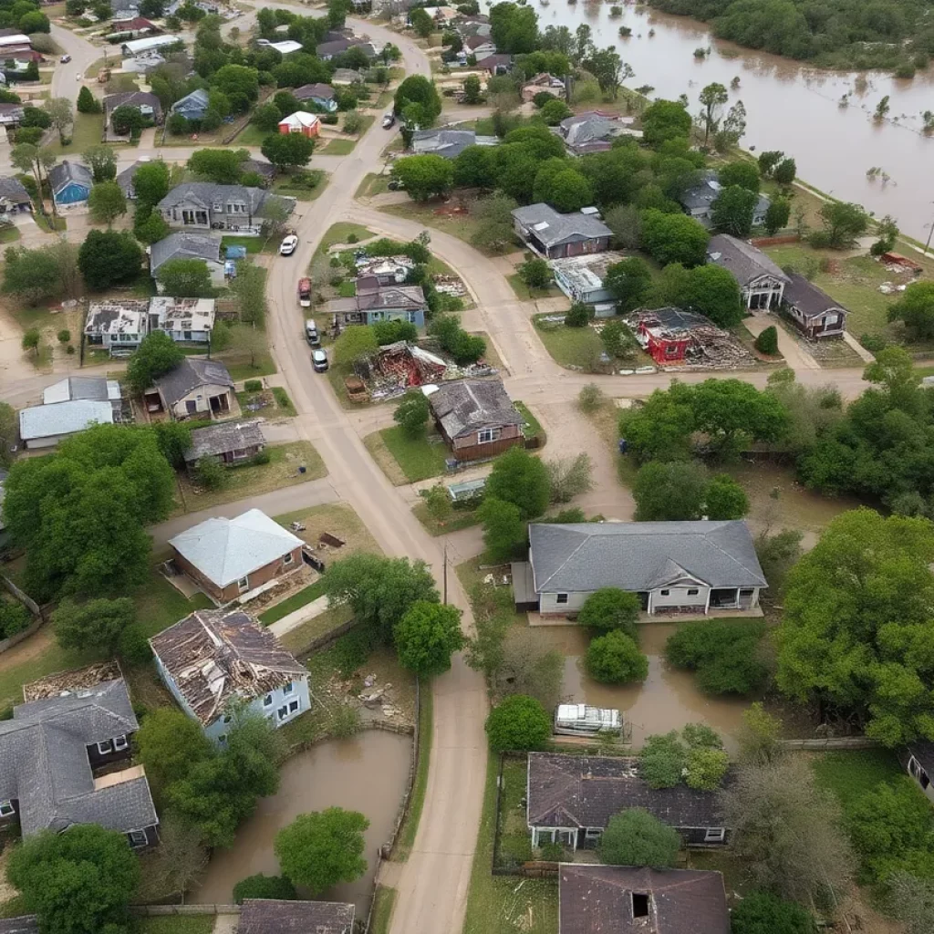 Overview of a flooded area in Texas Hill Country with submerged homes and debris.