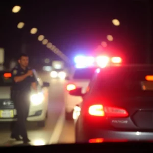 Police lights illuminating a vehicle during a traffic stop