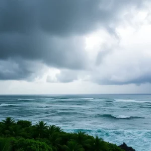 Coastal view with stormy skies and rough seas due to Tropical Storm Chantal