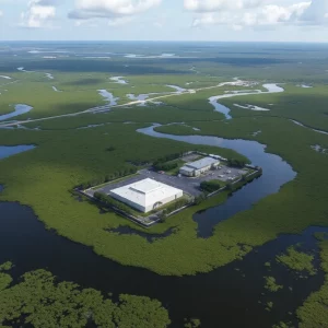 Aerial view of Alligator Alcatraz detention facility in the Everglades