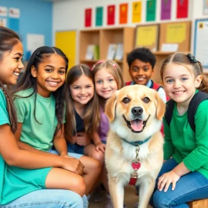Students engaging in a supportive school environment with a therapy dog.