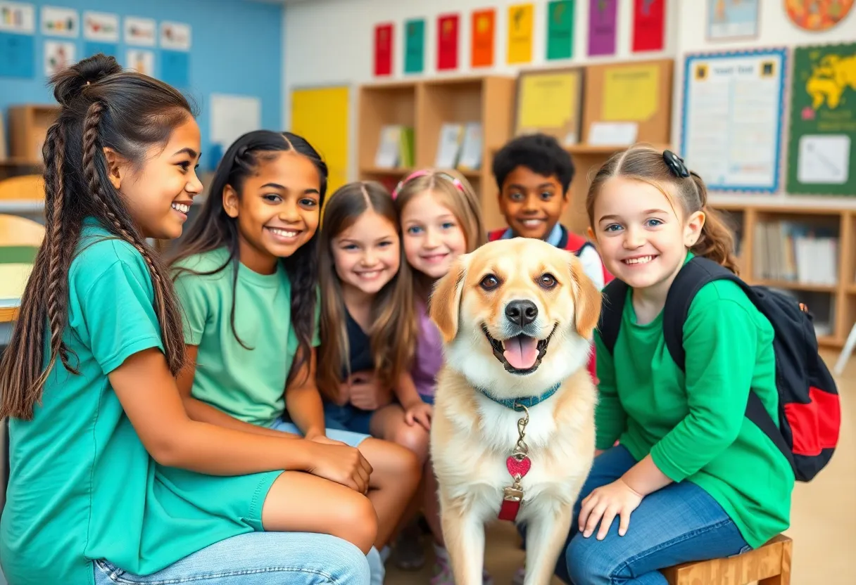 Students engaging in a supportive school environment with a therapy dog.