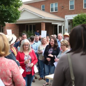 Community members in Bristol, Tennessee, discussing school governance changes.