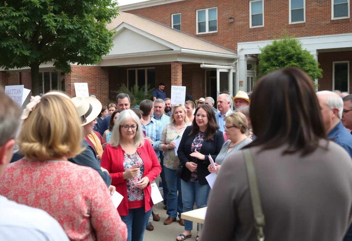 Community members in Bristol, Tennessee, discussing school governance changes.