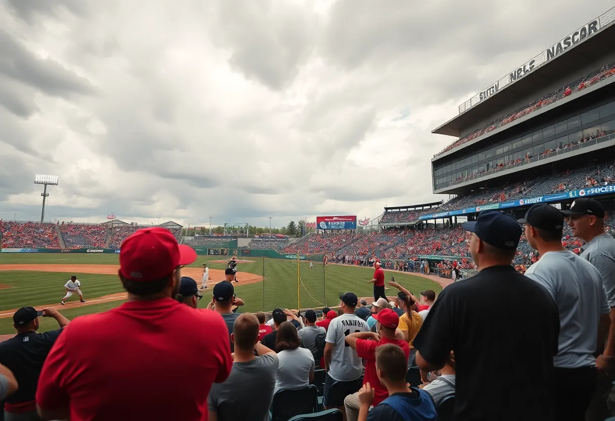 Crowd at Bristol MLB Speedway Classic cheering for their teams.