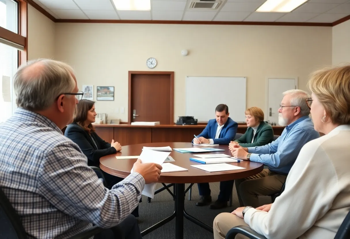 Participants in a school board meeting discussing property issues