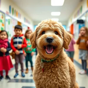 Golden doodle therapy dog with students at Bristol School
