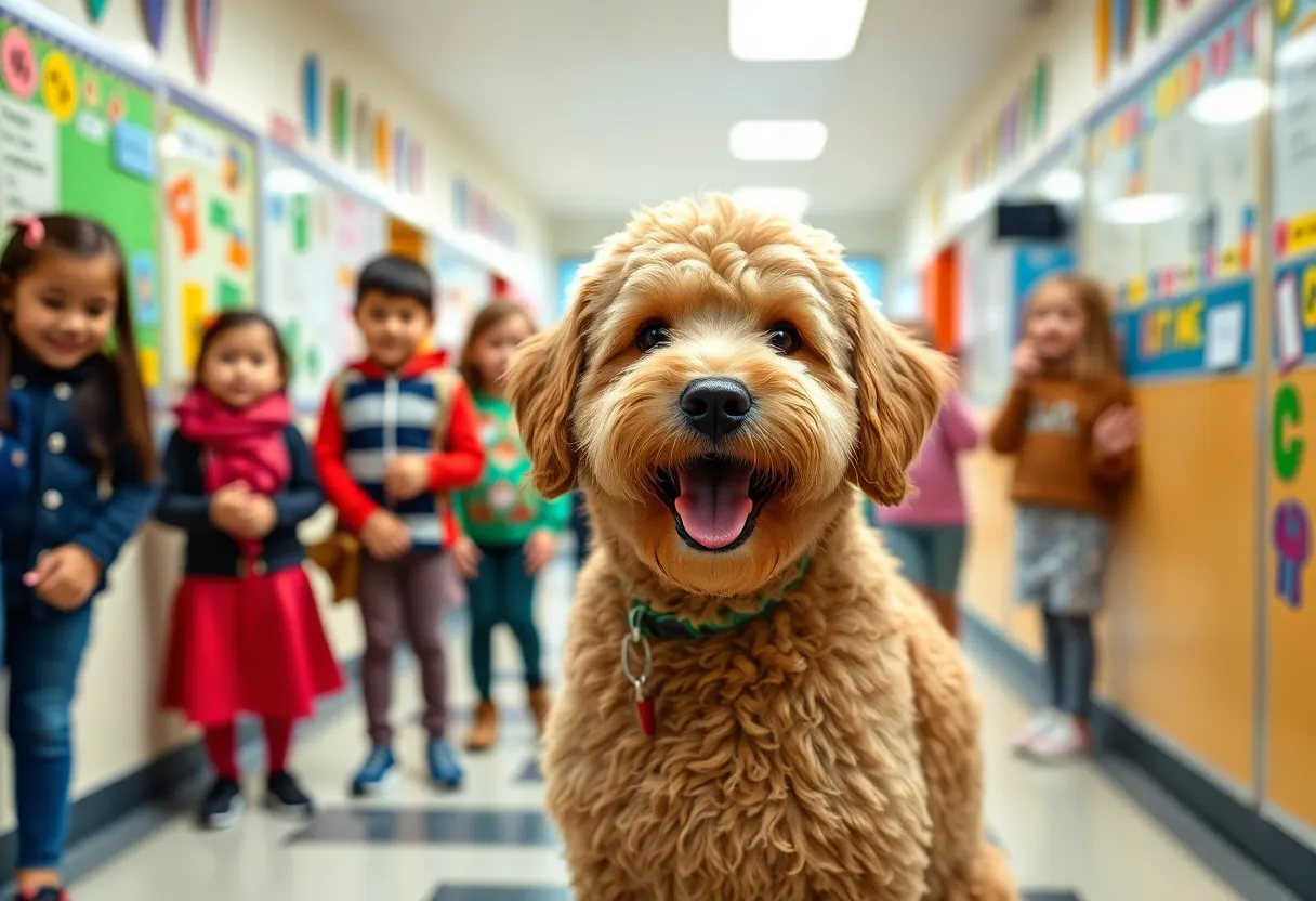 Golden doodle therapy dog with students at Bristol School