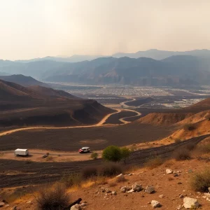 Panoramic view of the aftermath of the Canyon Fire showing burnt land and firefighters at work.