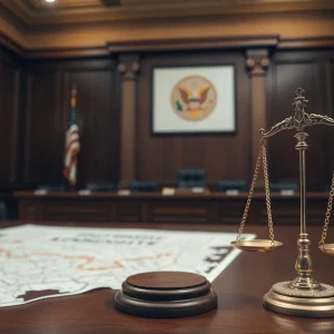 Courtroom representing legal action on redistricting