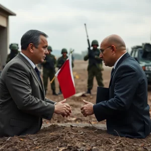 Symbolic representation of diplomatic negotiations between nations amidst military conflict.