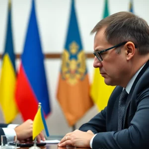 Diplomatic scene showing Russia and Ukraine flags representing ongoing peace talks