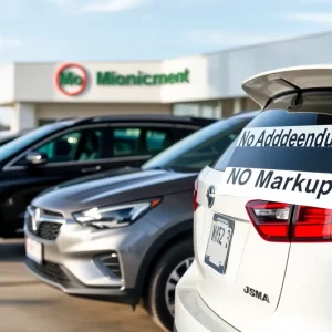A view of Dutch Miller Nissan dealership with a focus on new car lineup and pricing policy sign.