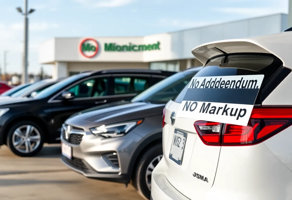 A view of Dutch Miller Nissan dealership with a focus on new car lineup and pricing policy sign.