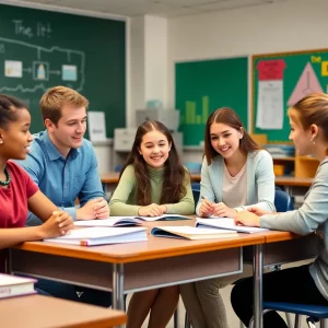 Students in a classroom engaged in collaborative learning.