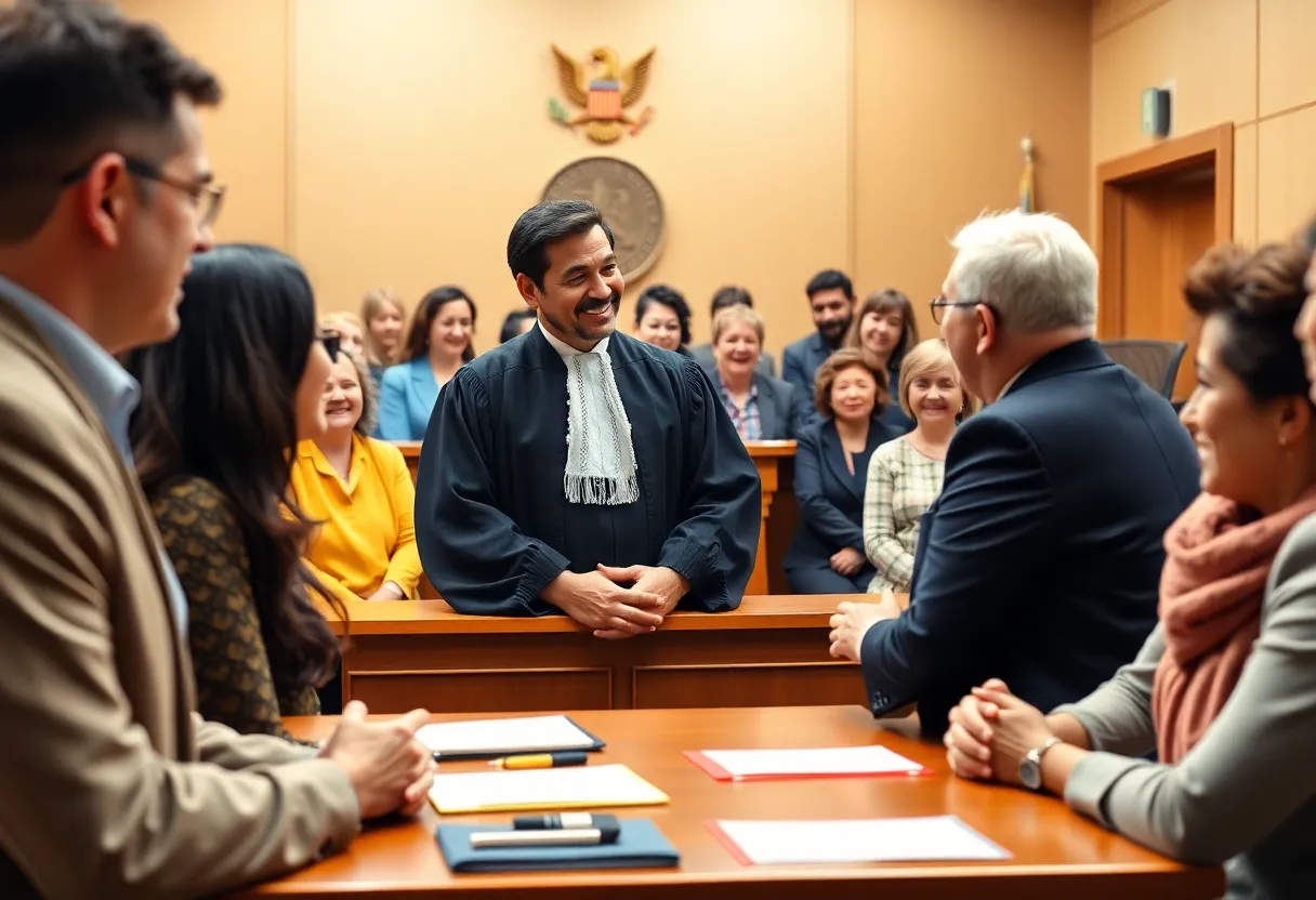 A kind judge in a courtroom with people around