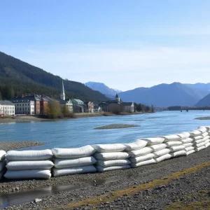 Flood barriers in Juneau, Alaska, protecting the riverbank