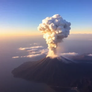 Eruption of Krasheninnikov volcano with ash plume rising into the sky.
