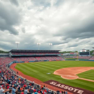Fans at the MLB Speedway Classic enjoying the game day atmosphere with a rain delay.