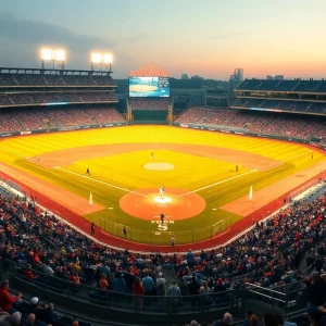 Crowd at the MLB Speedway Classic with baseball diamond at Bristol Motor Speedway